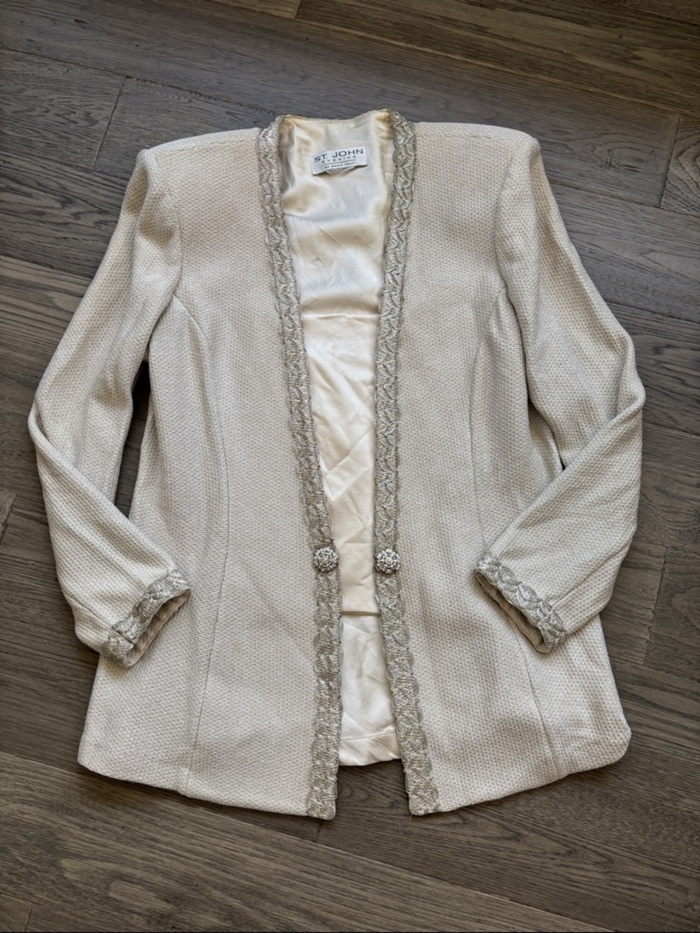 St. John |Ivory Gold Knit Open-Front Blazer with Braided Trim Jewels Small FLAWS